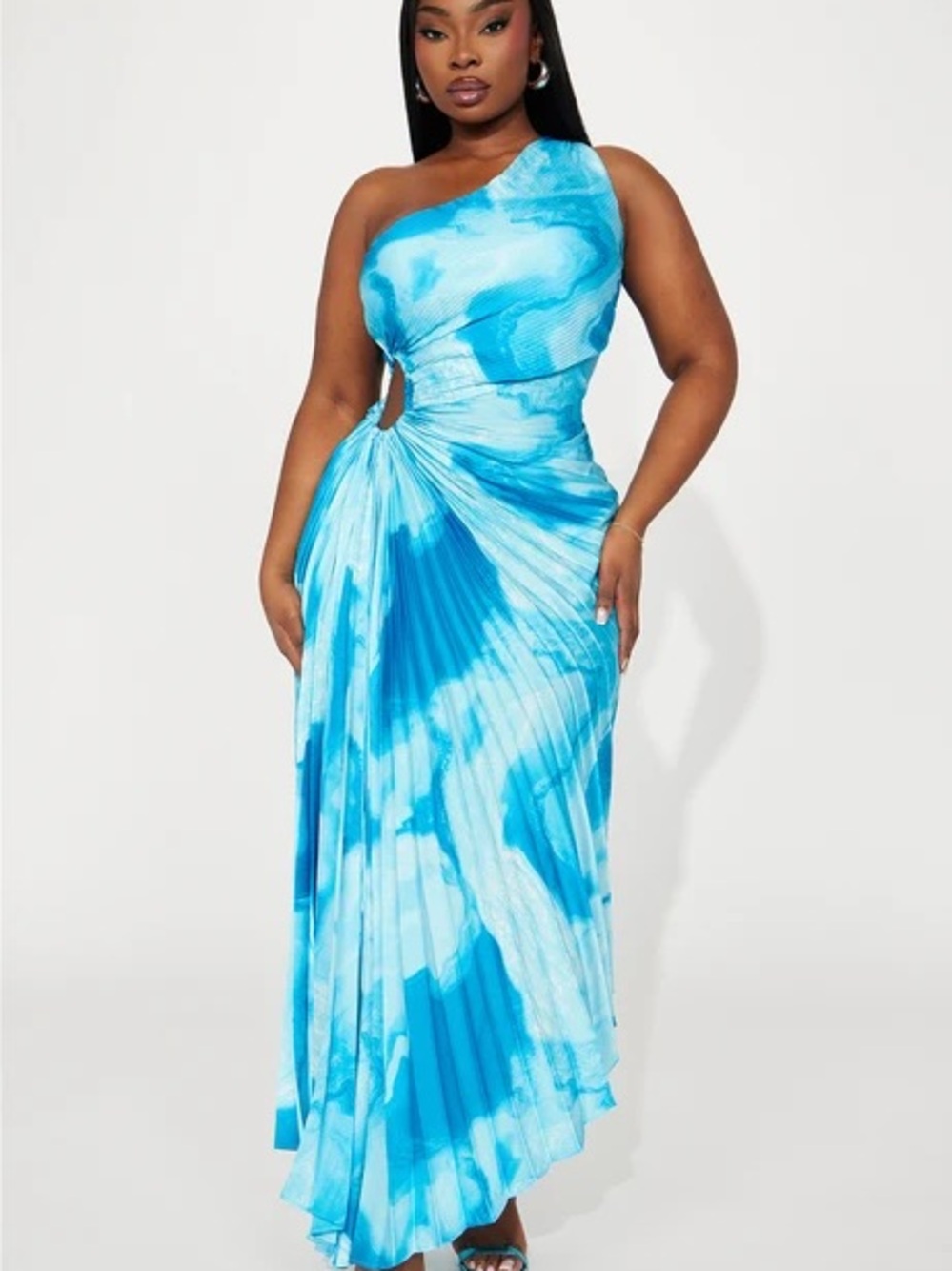 Fashion Nova One-Shoulder Blue Tie-Dye Maxi Dress